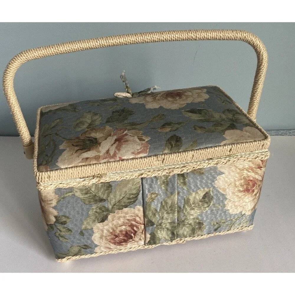 Vintage Sewing Basket W/plastic Tray Floral Pattern  On Top Footed Bottom